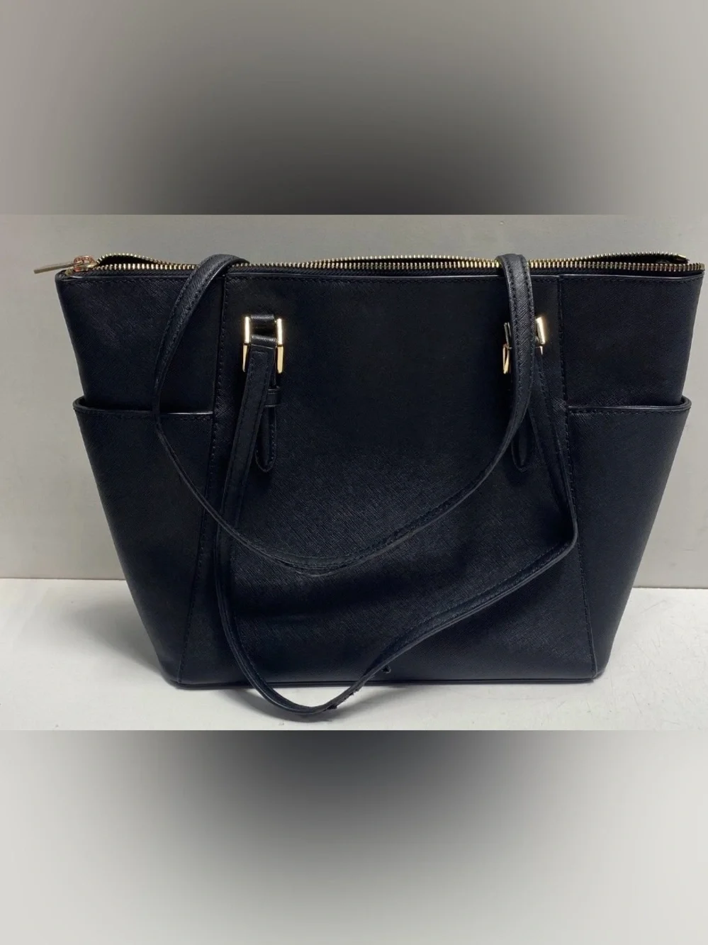 Michael Kors Black Leather Tote with Gold-Tone Hardware